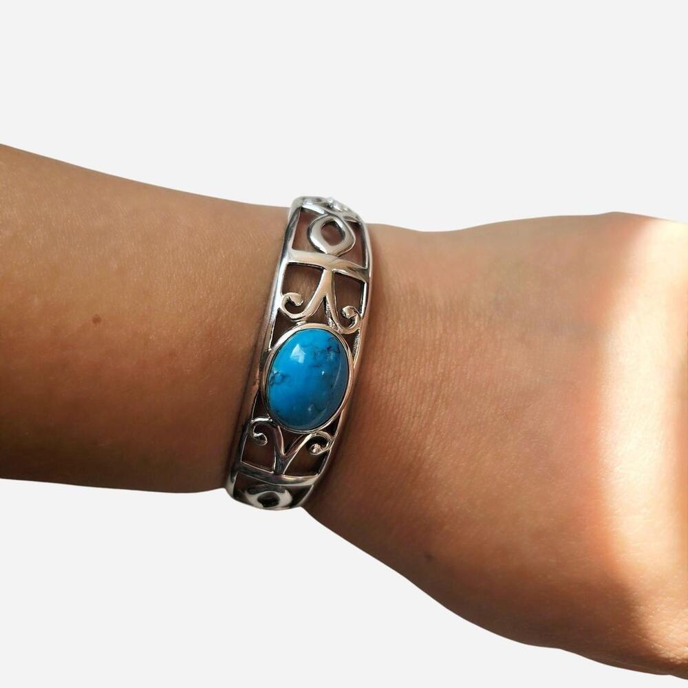Openwork Faux Turquoise Filigree Cuff Bracelet Stamped 925, untested
